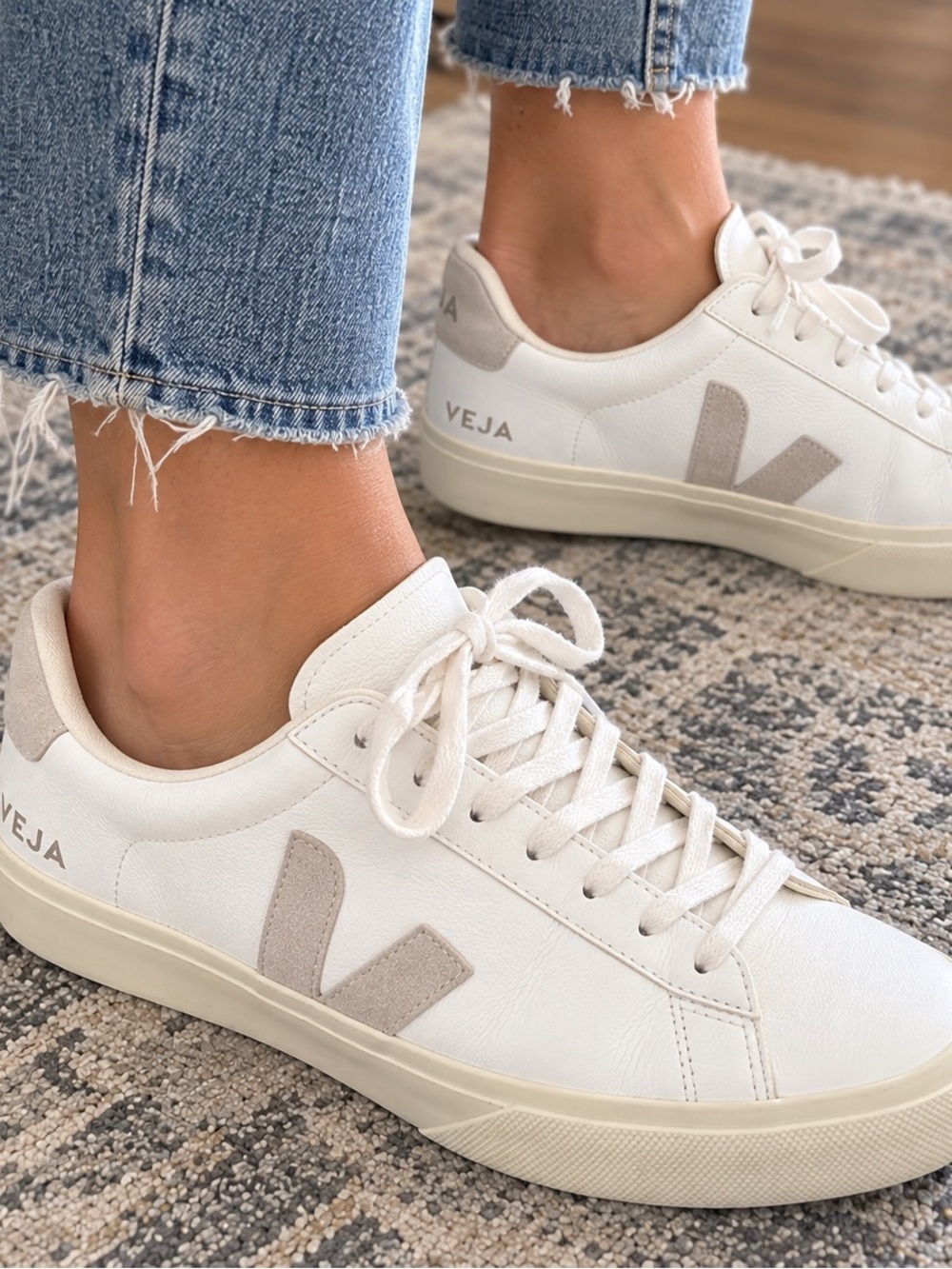 Veja Women's White Leather Sneakers with Beige V Logo